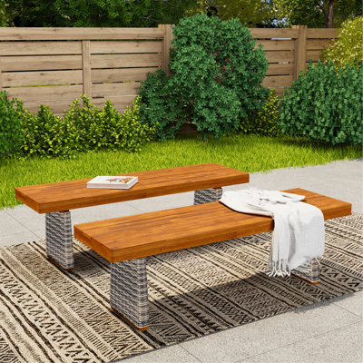 Outdoor Acacia Wood Bench(Set Of 2),Teak Finish+ Grey Wicker