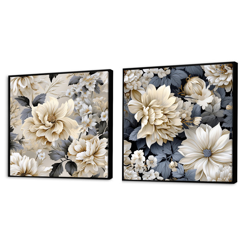 Shelbie - Ensemble de 2 collages floraux carrés, Cadre flottant noir, H 16 po x l 33 po