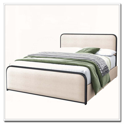 Metal Bed Frame With Curved Upholstered Headboard And Footboard Bed With 4 Storage Drawers, Heavy Duty Metal Slats