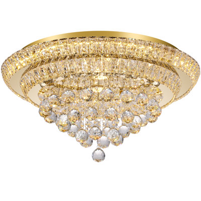 24IN Modern Dimmable Crystal Chandeliers Flush Mount Ceiling Light with Remote Control, Gold