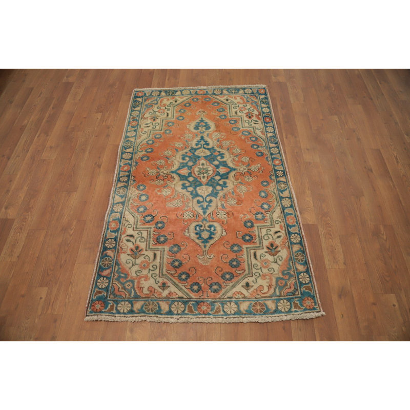 Tapis traditionnel géométrique en laine orange 3 x 4