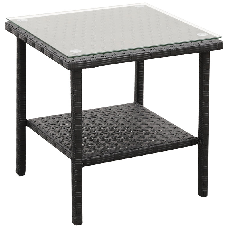 Lavara Outdoor Wicker Side Table Patio Coffee Table Glass Top 2-layer End Square Table, Black