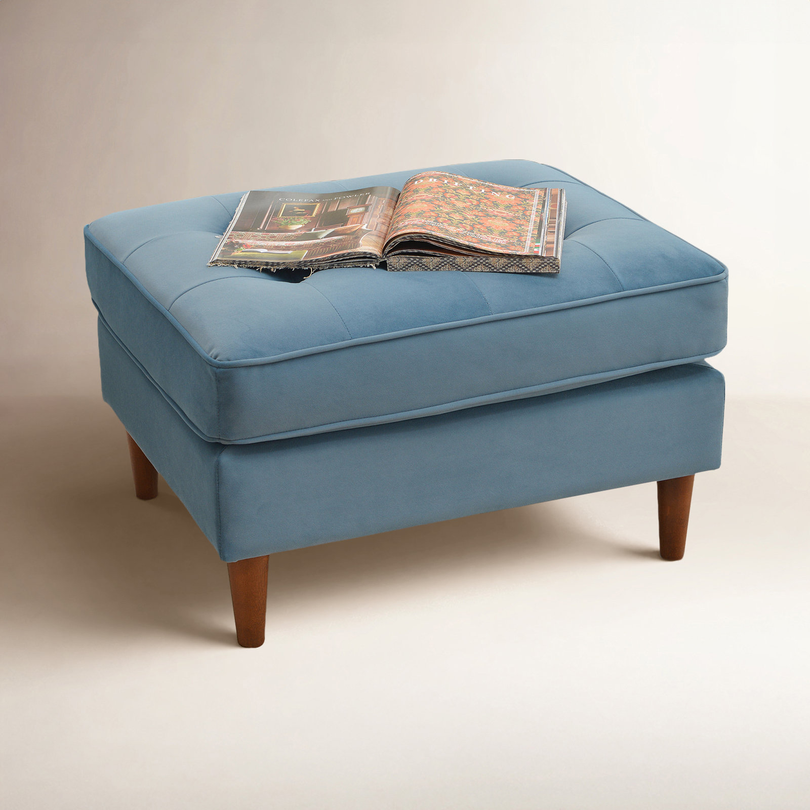 Geo 30" Upholstered Ottoman, Velvet, Light Blue