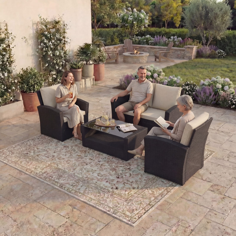 Custinne Rattan 5 - Person Seating Group with Cushions, UKFR Certified, Black
