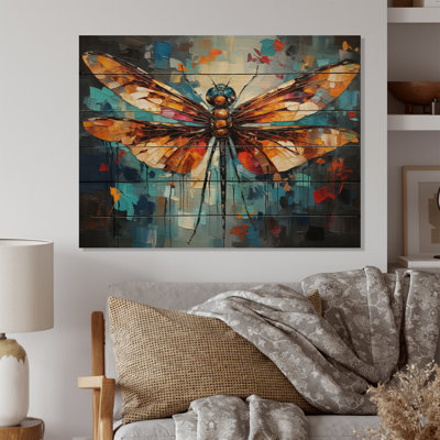 «Orange Dragonfly Insectes Flight Collage II» sur bois