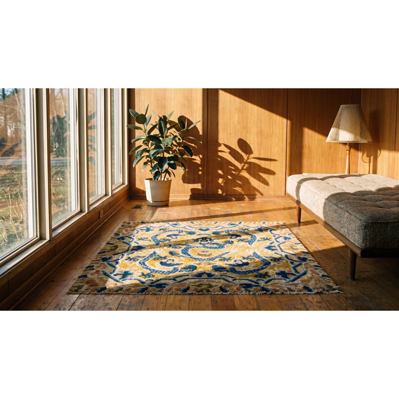 Gold and Blue Small Square Antique Dragon Chinese Design Ningxia Rug