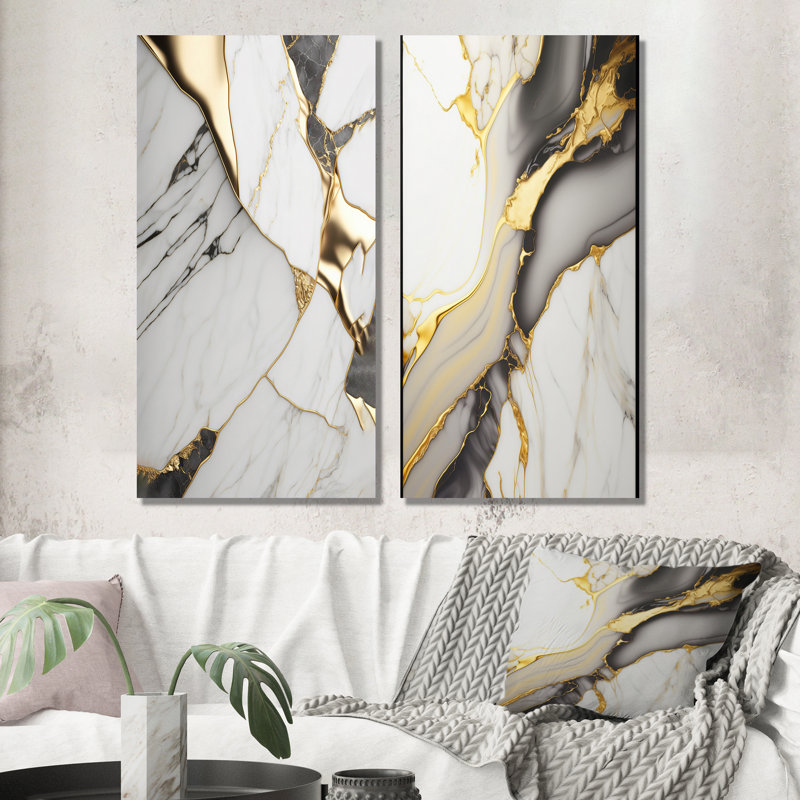 Géode abstraite marbre blanc et or I - ensemble d'art mural abstrait en marbre de 2 pièces, Toile tendue, H 32 po x l 32 po