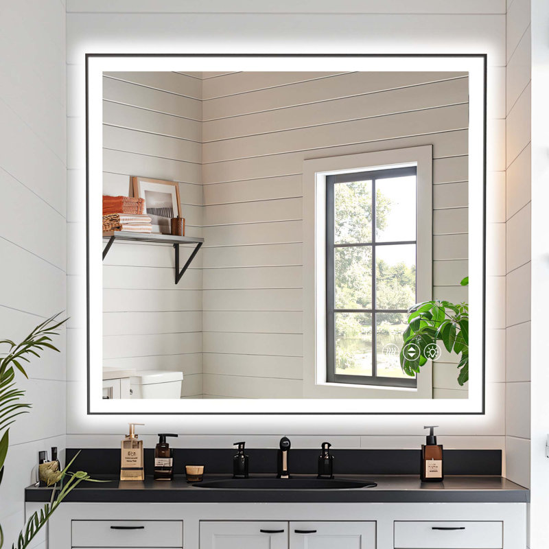 Miroir de salle de bain moderne sans cadre avec fonction de désembuage et lumière réglable, 32 po x 24 po, Rectangulaire