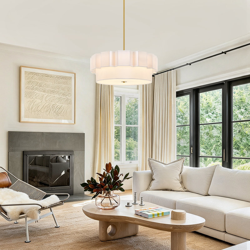Lustre tambour 5 lumières en tissu de style campagne moderne pour le salon, la cuisine, l'entrée, le couloir, White, Gold