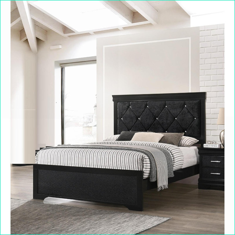 Très grand lit à panneau en bois avec tête de lit capitonnée capitonnée - Finition noire pour la chambre principale / chambre d'amis