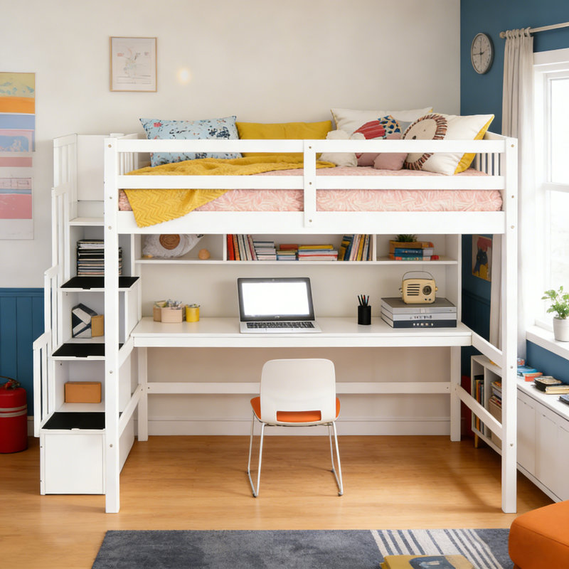 Full Size Solid Wood Loft Bed With Built-In Desk, Bookshelves And Storage Staircase, White
