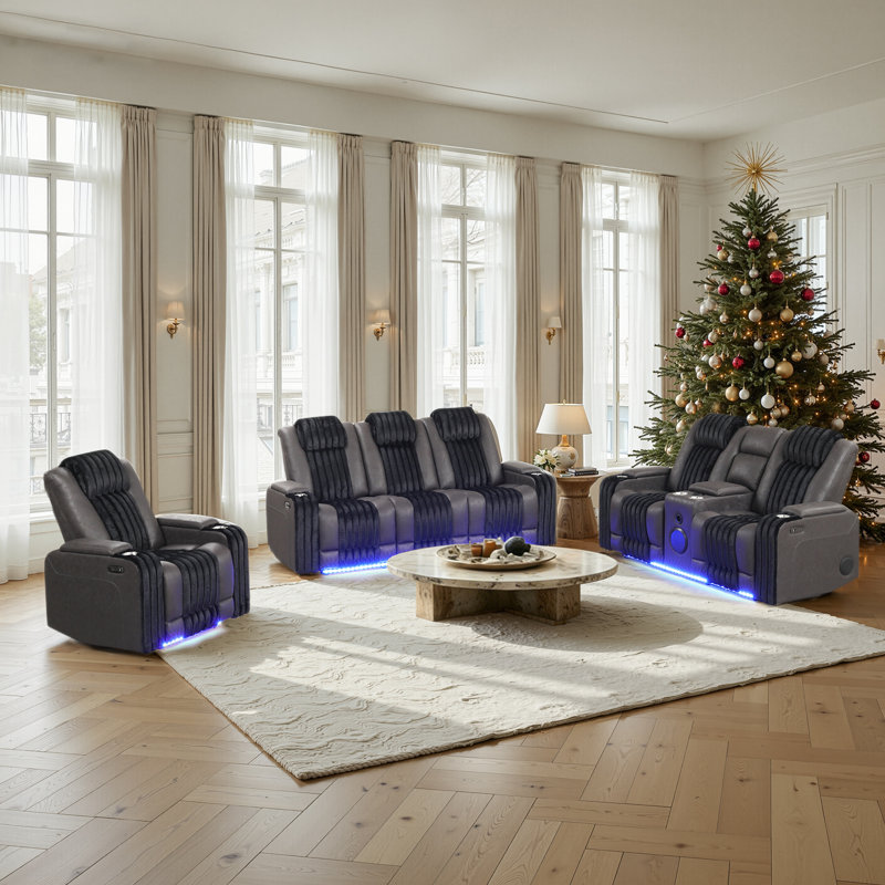 Ensembles inclinables électriques modernes et contemporains avec appuis-tête réglables, prise de courant USB et éclairage à DEL et haut-parleur (canapé + causeuse + fauteuil)