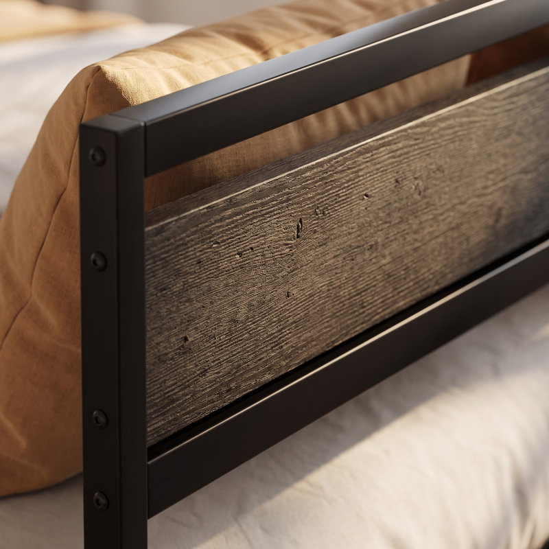 Structure de lit double en métal noir avec tête et pied de lit en bois massif, rangement sous le lit, Noir; double