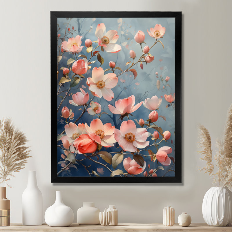 Décoration murale rose et bleu Garden Of Dreams Dogwood III - cornouiller, Cadre simple noir, H 24 po x l 32 po