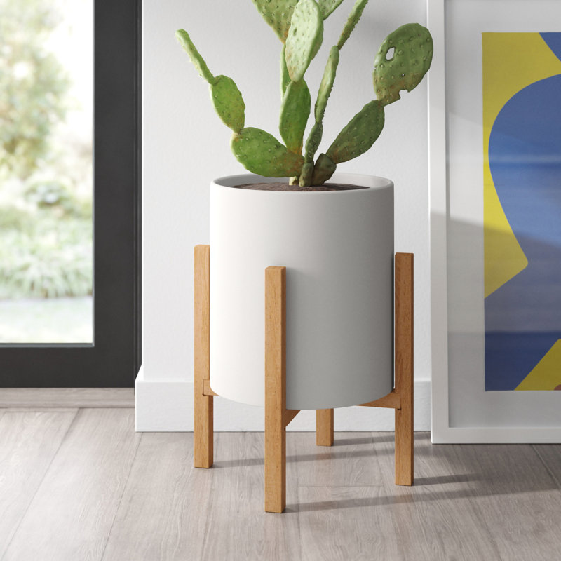 Surles Round Modern Ceramic Indoor Pot Planter with Wood Legs, White, 22" H x 15.5" W x 15.5" D