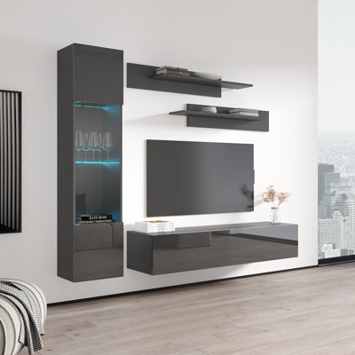Viroqua 85" Modern Floating Wall Mounted Entertainment Center with 16-Color LED Lighting, High Gloss Finish