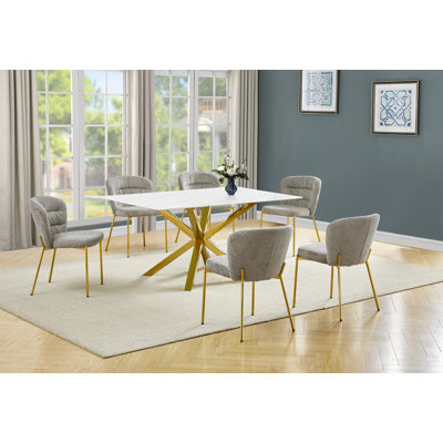 Rectangular Glass With White Marble Wrap Dining Set With Fluffy Chairs