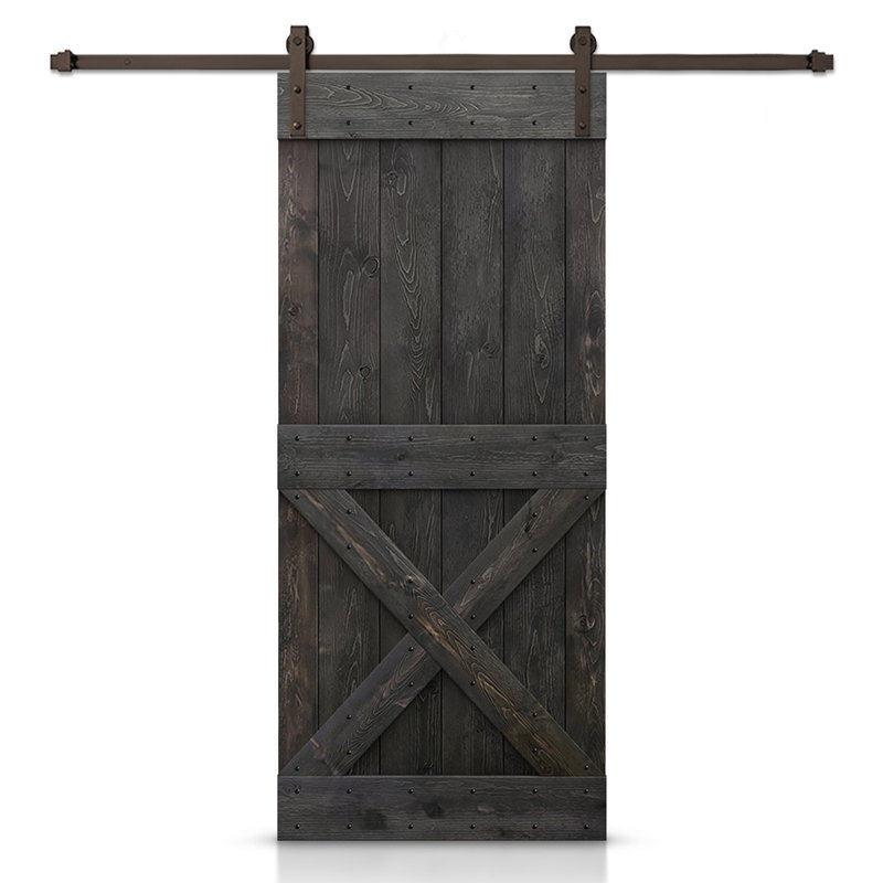 Porte de grange à panneaux et en bois avec quincaillerie d'installation, 38 po x 84 po, Noir anthracite, Bronze huilé