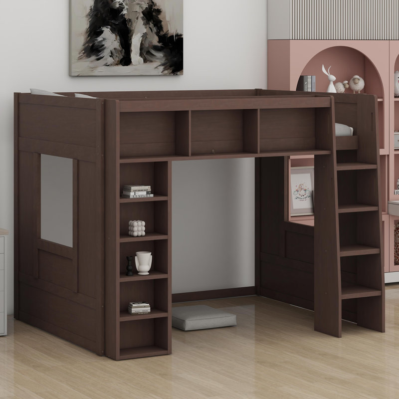 Wooden Loft Bed With Storage Cabinets And Shelves, Brown