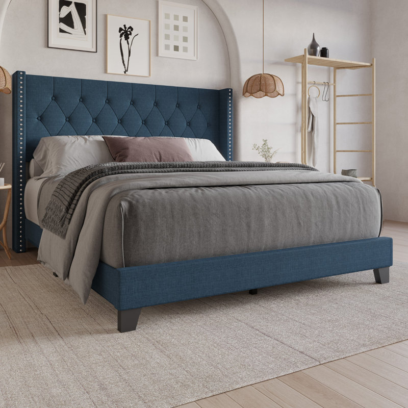 Lit tapissier Ameire, Bleu denim, Double