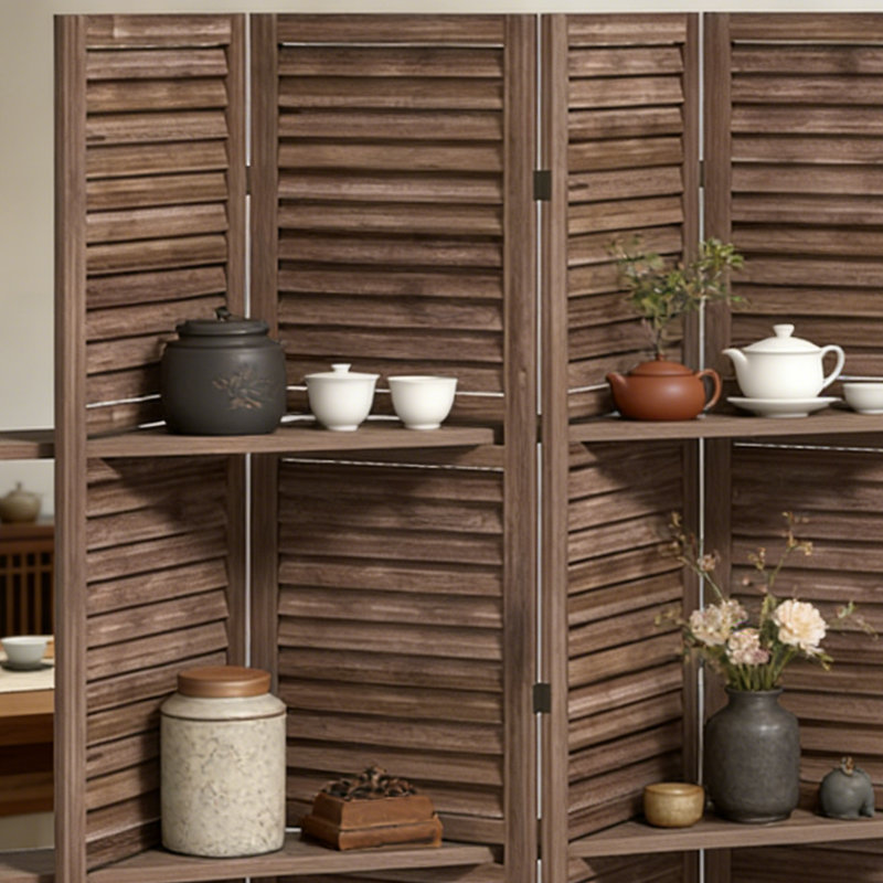 Paravent à 5 panneaux, cloison d'intimité en bois de paulownia massif avec tablettes, grand mur autoportant pour le bureau à domicile et le salon