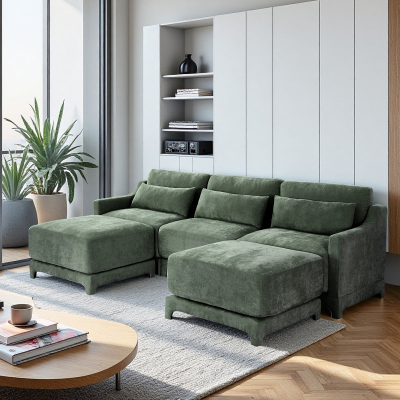3 Seater Sofa, U Shape Sofa 2 Movable Ottomans,Chenille Fabric,High-Resilience Sponge,High Quality Wooden Base, Suits Studies, Living Rooms