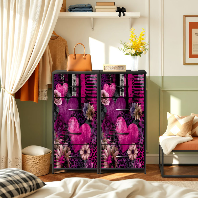 Commode moderne pour la chambre à coucher avec 4 tiroirs de rangement Imprimé floral contemporain avec commode rose noire Commode en tissu avec cadre en acier pour vestibule