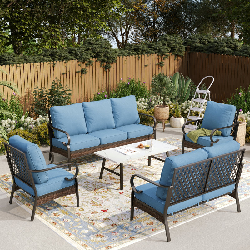7 - Person Outdoor Furniture Sets With Thick Cushions, Denim Blue