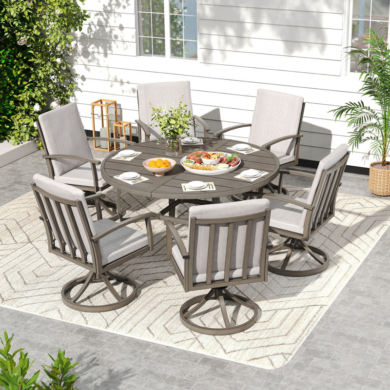 Ensemble repas 7 pièces en aluminium gris avec 6 chaises pivotantes et coussins lavables gris clair Moffett, 6