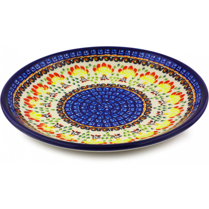 Assiette 8 po en poterie polie rouge en fleurs