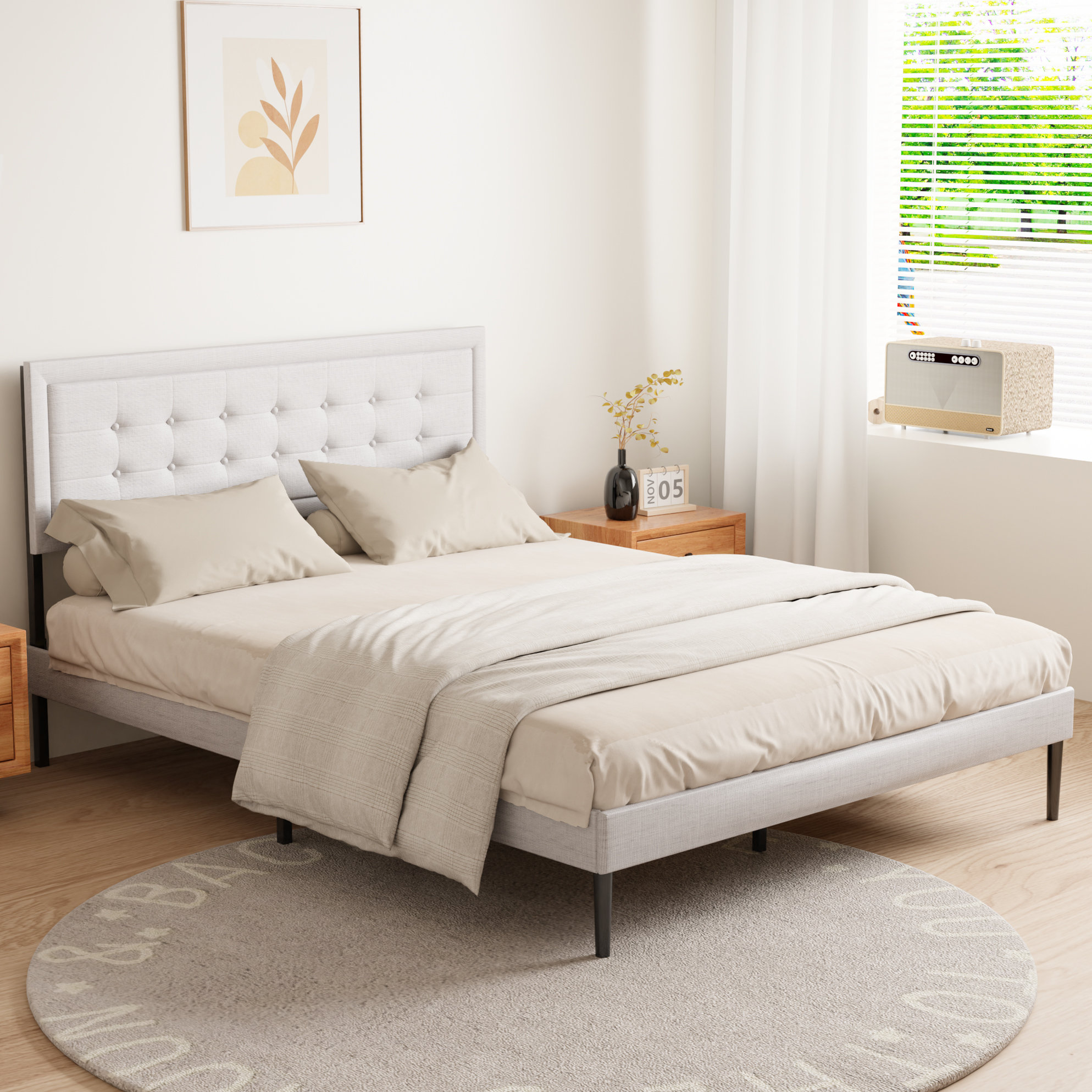 George Oliver Iron Platform Queen Bed With Upholstery And Wooden Slats ...