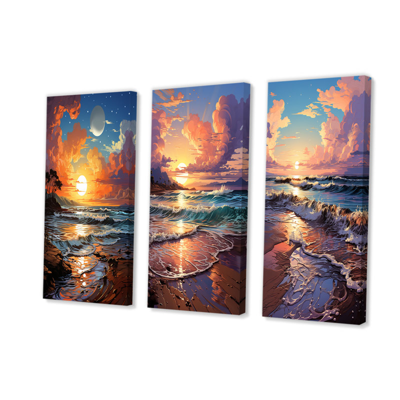 Beachside Sunset Horizon I - Coastal Beach, ensemble de 3 impressions sur toile, Toile tendue, H 40 po x l 60 po