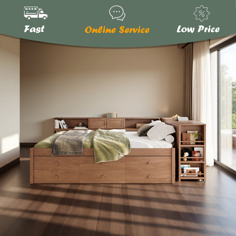 Lit de jour avec couchette, cadre de lit de jour en bois avec tiroirs de rangement, tablettes latérales et bureau, Lit double