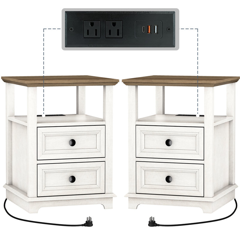 Deiren 2-Drawer Manufactured Wood Nightstands with Storage and Built-in Outlets, White/Brown