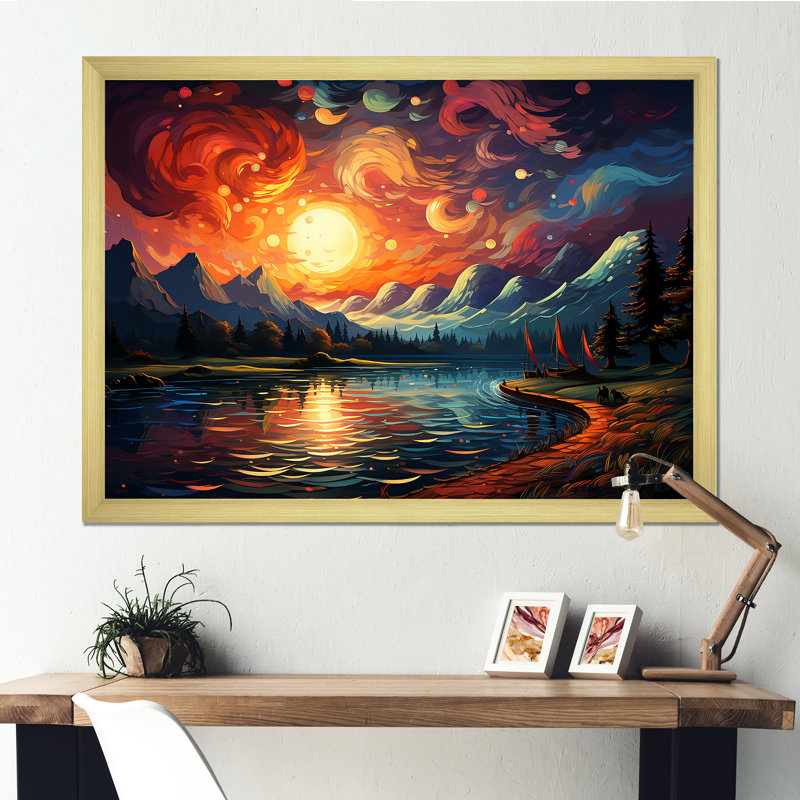 Coucher de soleil coloré - impression, Cadre doré simple, H 34 po x l 44 po x P 1,5 po