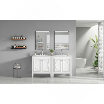 Ensemble de meuble-lavabo 60 po avec lavabo double 60 po, lavabo en céramique, portes à fermeture douce avec tablette, tiroir de rangement, blanc