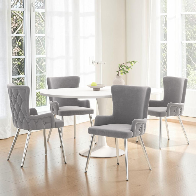 Dining Chairs Set Of Upholstered Armchairs, 4, Grey with silver leg