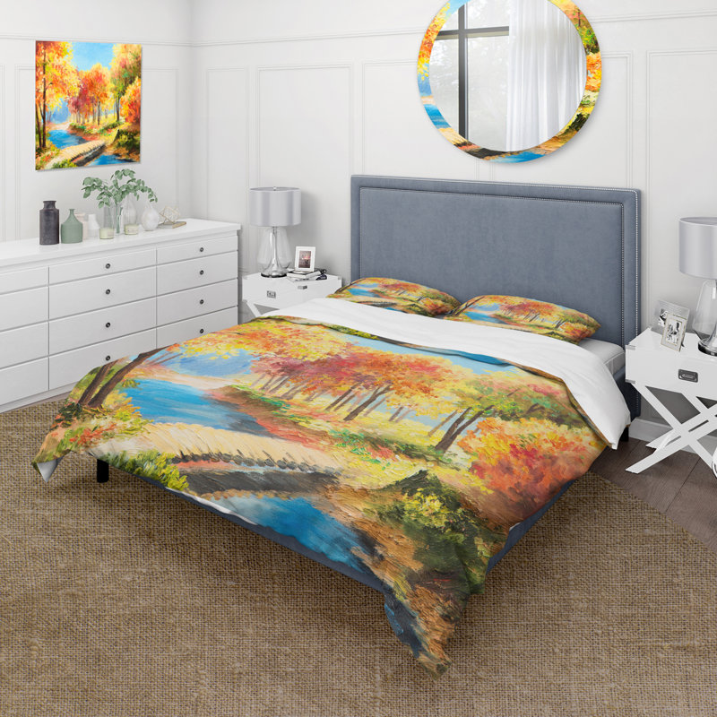 Ensemble de housse de couette Yellow and Orange Trees By The Riverside - Lake House - Microfibre de polyester