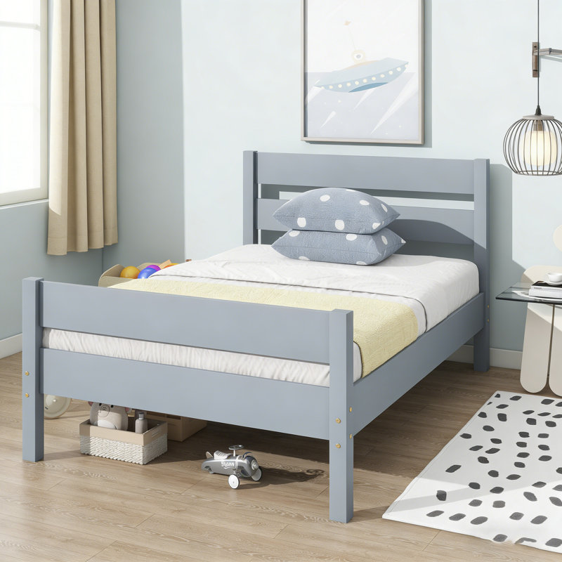 Rubberwood Twin Bed Frame With Headboard And Footboard - Solid Wood Platform Bed, Sturdy Design, Grey