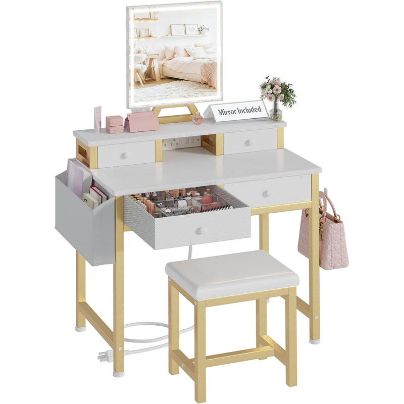 31" White & Gold Makeup Vanity Desk With Mirror, Lights, Chair, Drawers & Power Outlet – Compact Dressing Table For Small Bedrooms