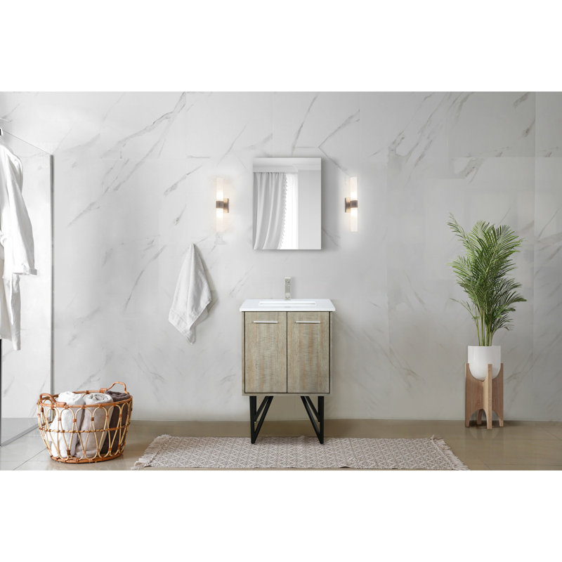 Rustique 24 po Meuble-lavabo large pour la salle de bain avec comptoir en quartz blanc, miroir coulissant encadré 18, charnières à fermeture en douceur et surface de rangement intérieure, espace de rangement de l'armoire de fermeture ovale