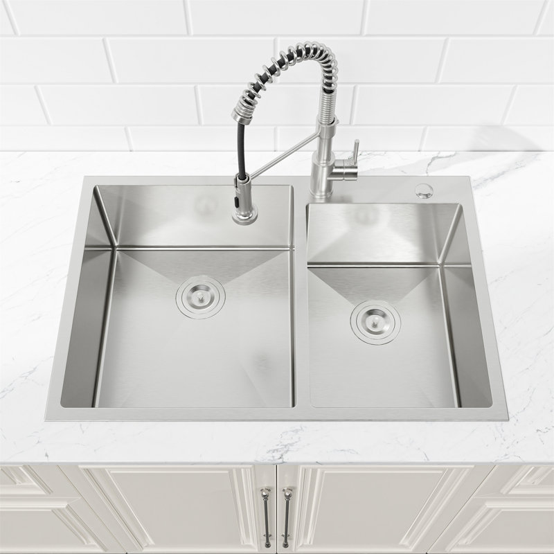 Évier de cuisine encastré 33 po x 19 po à double cuve, lavabo sur pied fait à la main brossé (évier seulement)