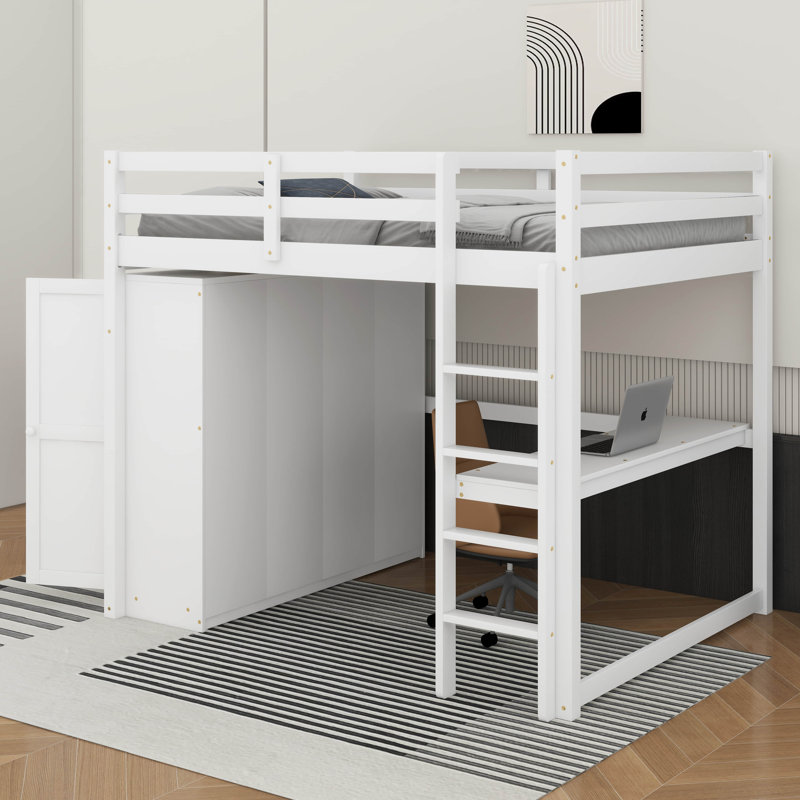 Lit mezzanine en bois pleine grandeur avec garde-robe intégrée, bureau, tiroirs et tablettes de rangement, Blanc