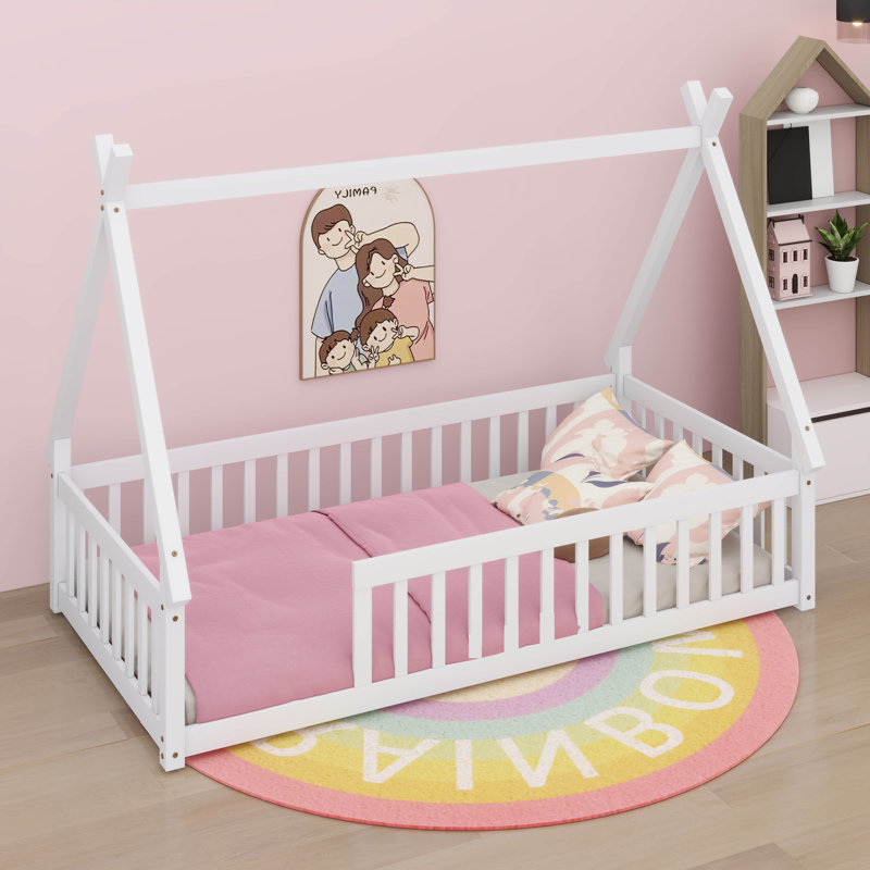 Lit simple en bois en forme de tente avec garde-corps, Blanc