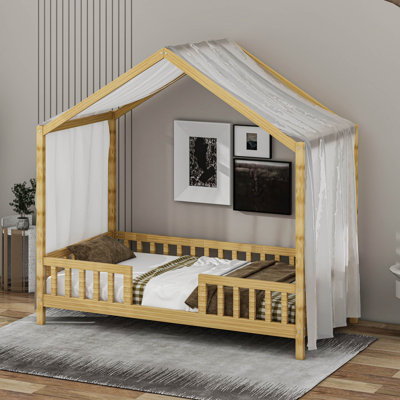 Lit sur pied avec auvent, lit maison avec rampes hautes, structure de lit plateforme en bois avec toit