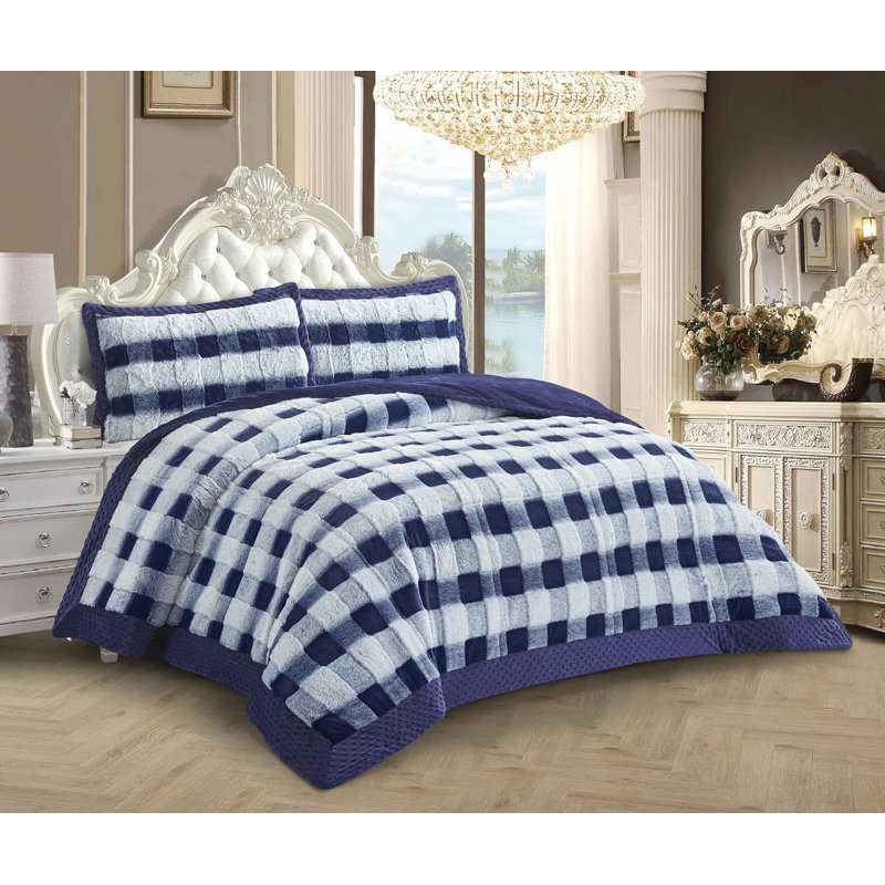 Microfiber Chequered Bedspread, Blue/Navy, King Bedspread + 2 King Pillowcases