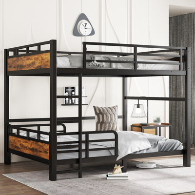Lit superposé en grand et grand lit - Lit mezzanine / plateforme en bois rétro avec clôture de sécurité surélevée, structure en métal robuste pour la chambre à coucher