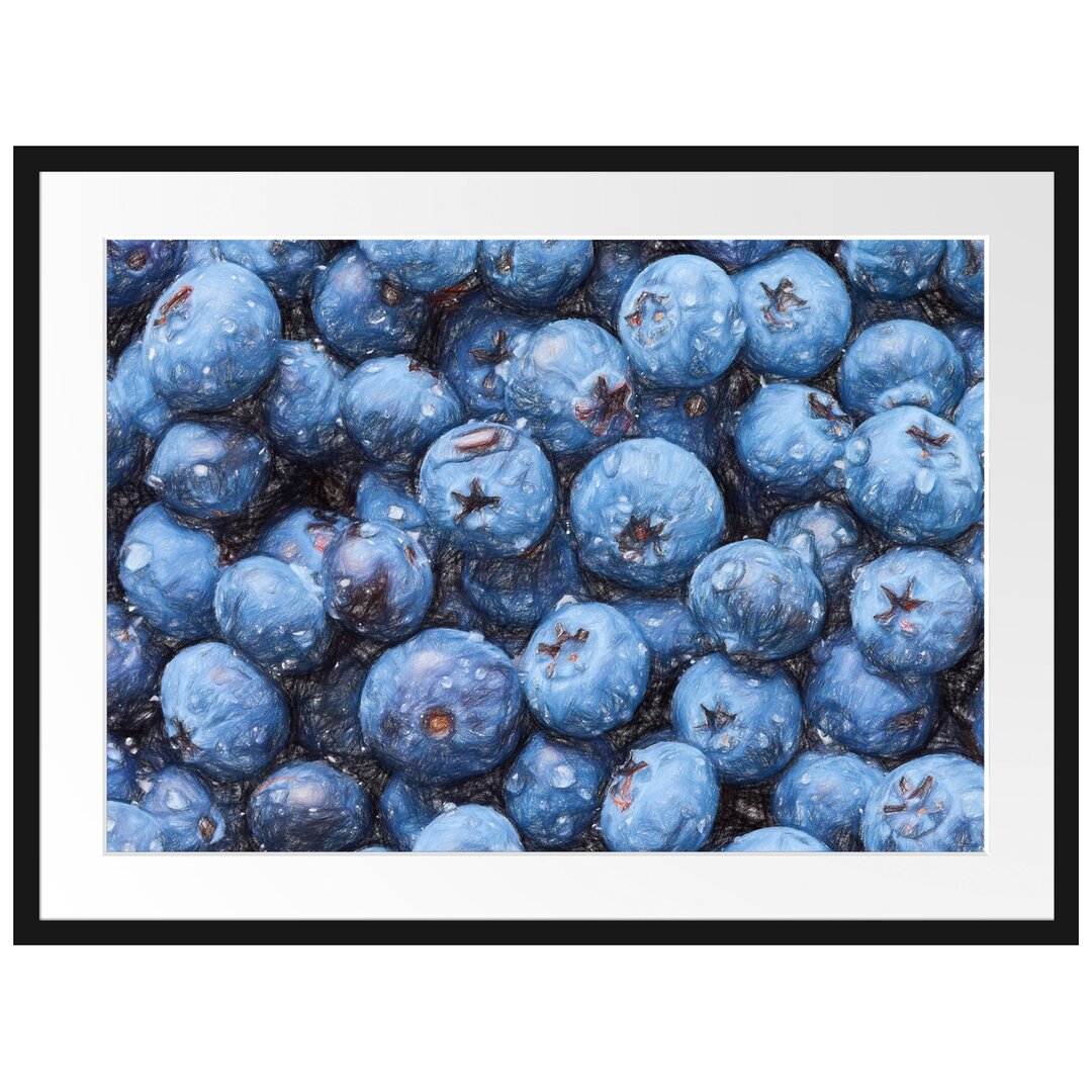 Gerahmtes Poster Blaubeeren mit Wassertropfen