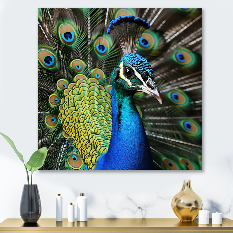 Bleu majestueux paon Splendor I - paon, art mural en métal, H 36 po x l 36 po