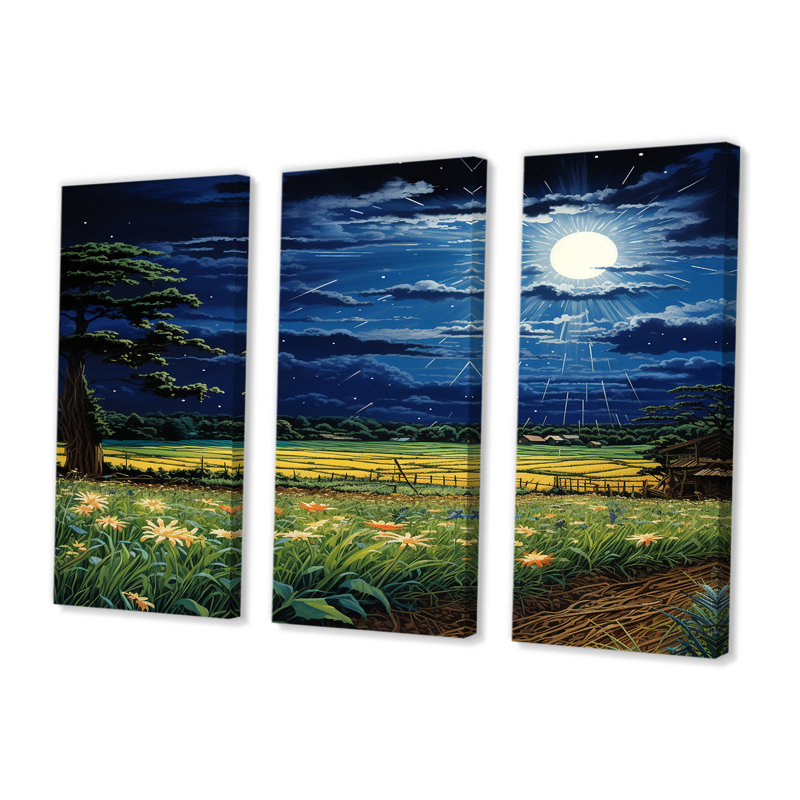 «Moonlight Magic Over Blossoming Green Fields», ensemble d'art mural de ferme, Toile tendue, H 40 po x l 60 po x P 1 po